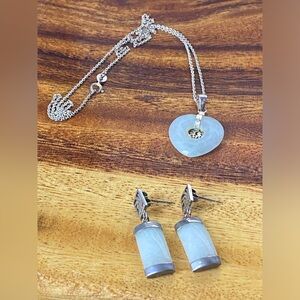 Vintage HAN Jade Sterling Silver Longevity Pendant Necklace and Earrings set